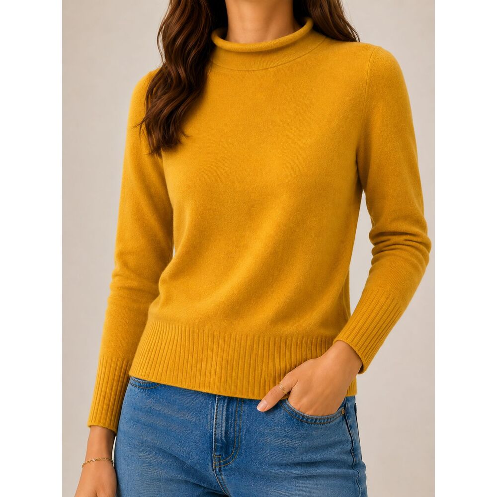 French Connection Mustard Yellow Rolled Neck Knit Sweater S Ribbed Hem & Cuff
